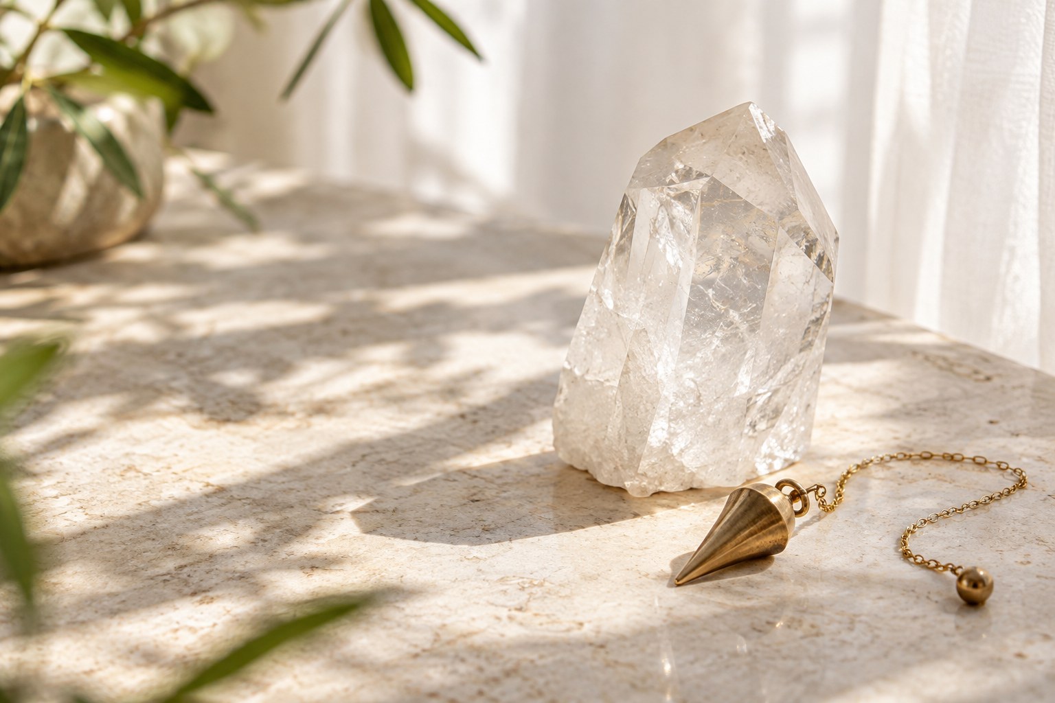 Cristal e pêndulo sobre pedra clara, iluminados pela luz natural
